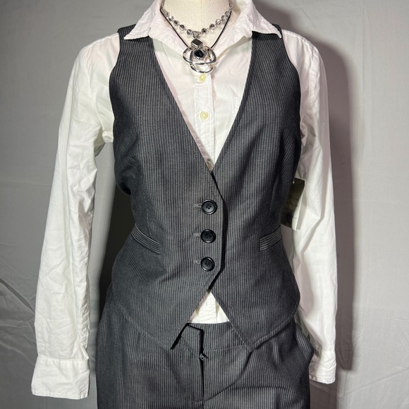 Y2K Nine West Waistcoat Pants Set Womens 4 Pinstripe Gray office siren NEW - Picture 2 of 16
